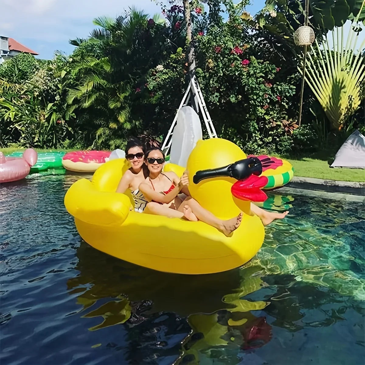 1pc Big Yellow Duck Floating Raft, PVC Inflatable liquid Toy With Two Beverage Holders