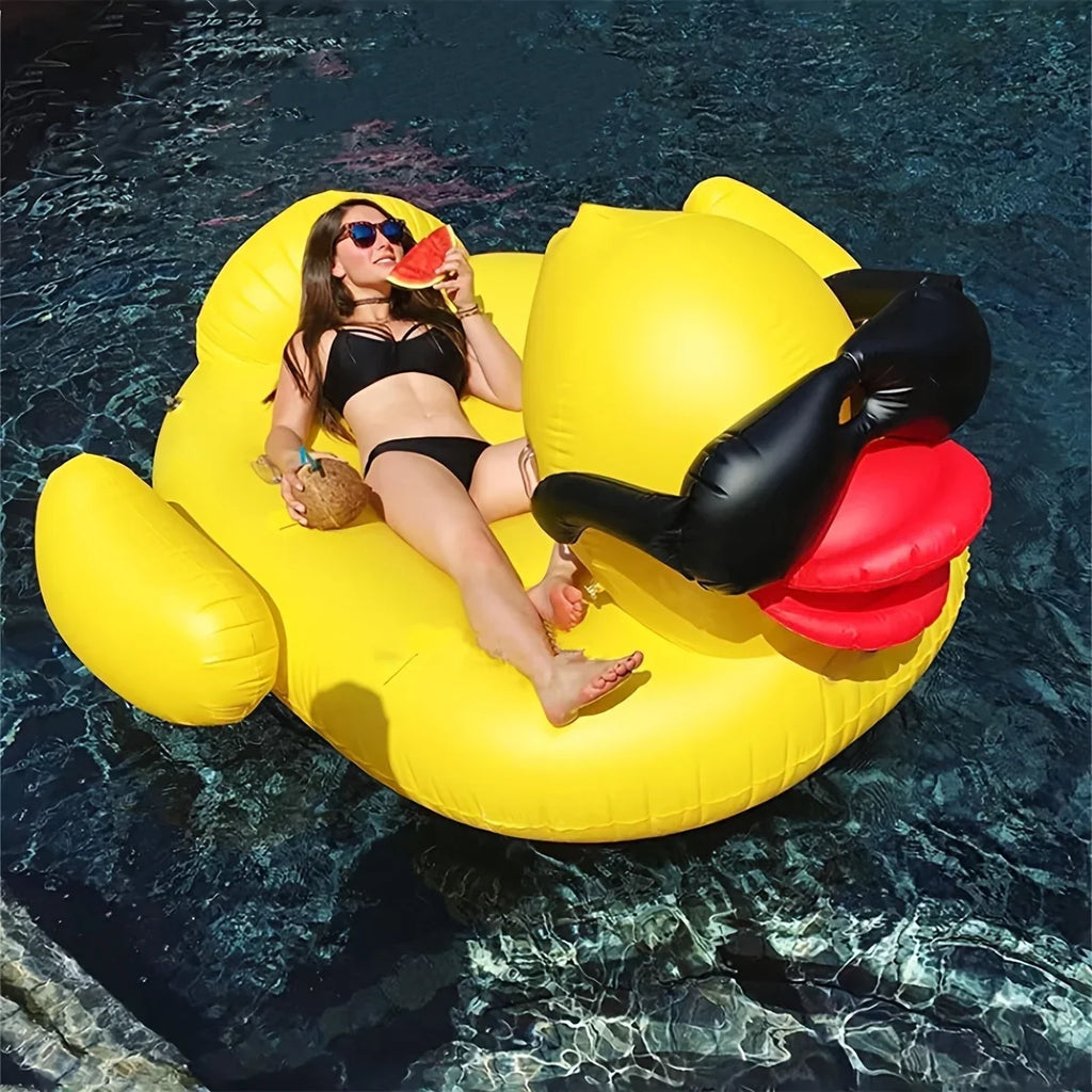 1pc Big Yellow Duck Floating Raft, PVC Inflatable liquid Toy With Two Beverage Holders