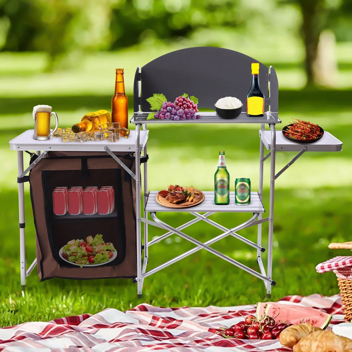 Folding Camping Station Portable Barbecue Table Rack+Brown Fabric protector