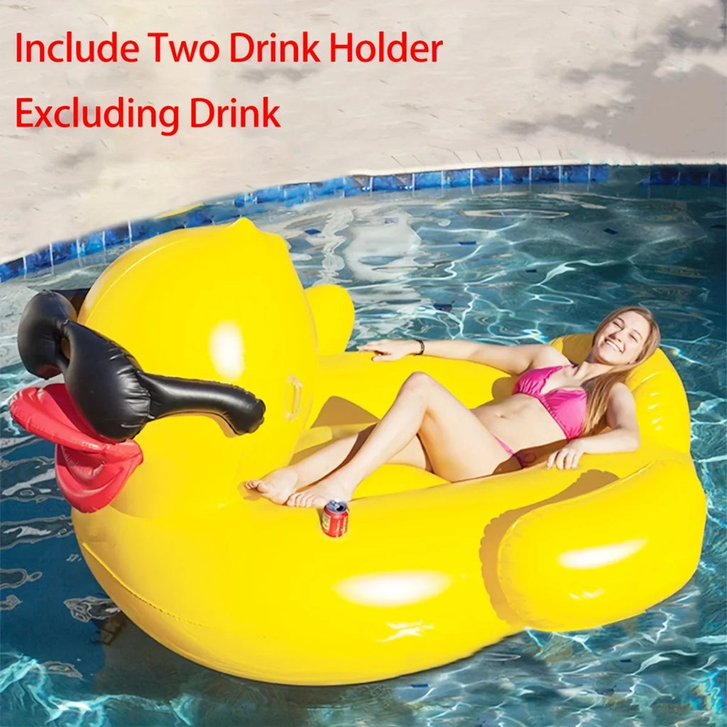 1pc Big Yellow Duck Floating Raft, PVC Inflatable liquid Toy With Two Beverage Holders