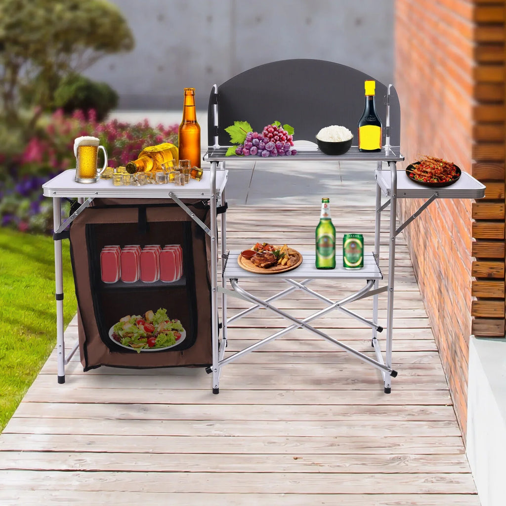 Folding Camping Station Portable Barbecue Table Rack+Brown Fabric protector