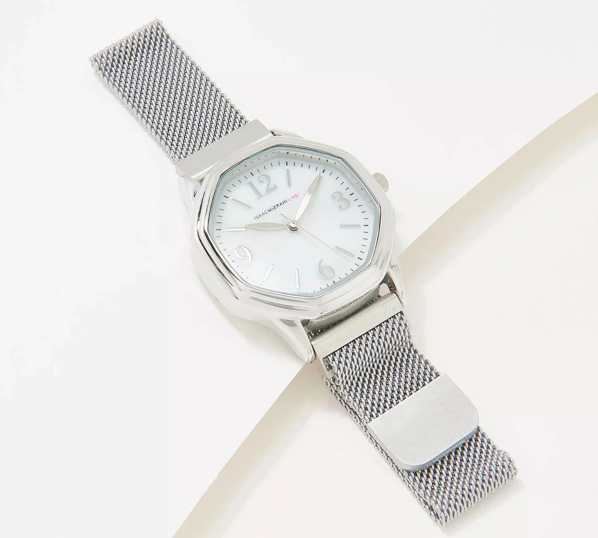 Isaac Mizrahi Live! Octagon Magnetic Mesh Silver Stainless Steel ADJ Strap Watch