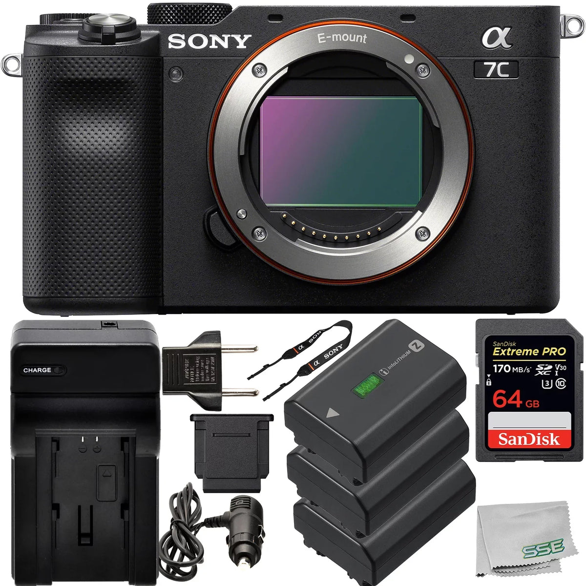 Alpha a7C Mirrorless Digital Camera (Body Only, Black) with Essential Accessory Bundle - Includes: SanDisk Extreme PRO 64GB Memory Card, 2x Seller Supplied Replacement FZ100 Batteries & More