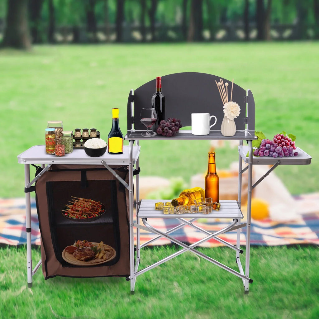 Folding Camping Station Portable Barbecue Table Rack+Brown Fabric protector