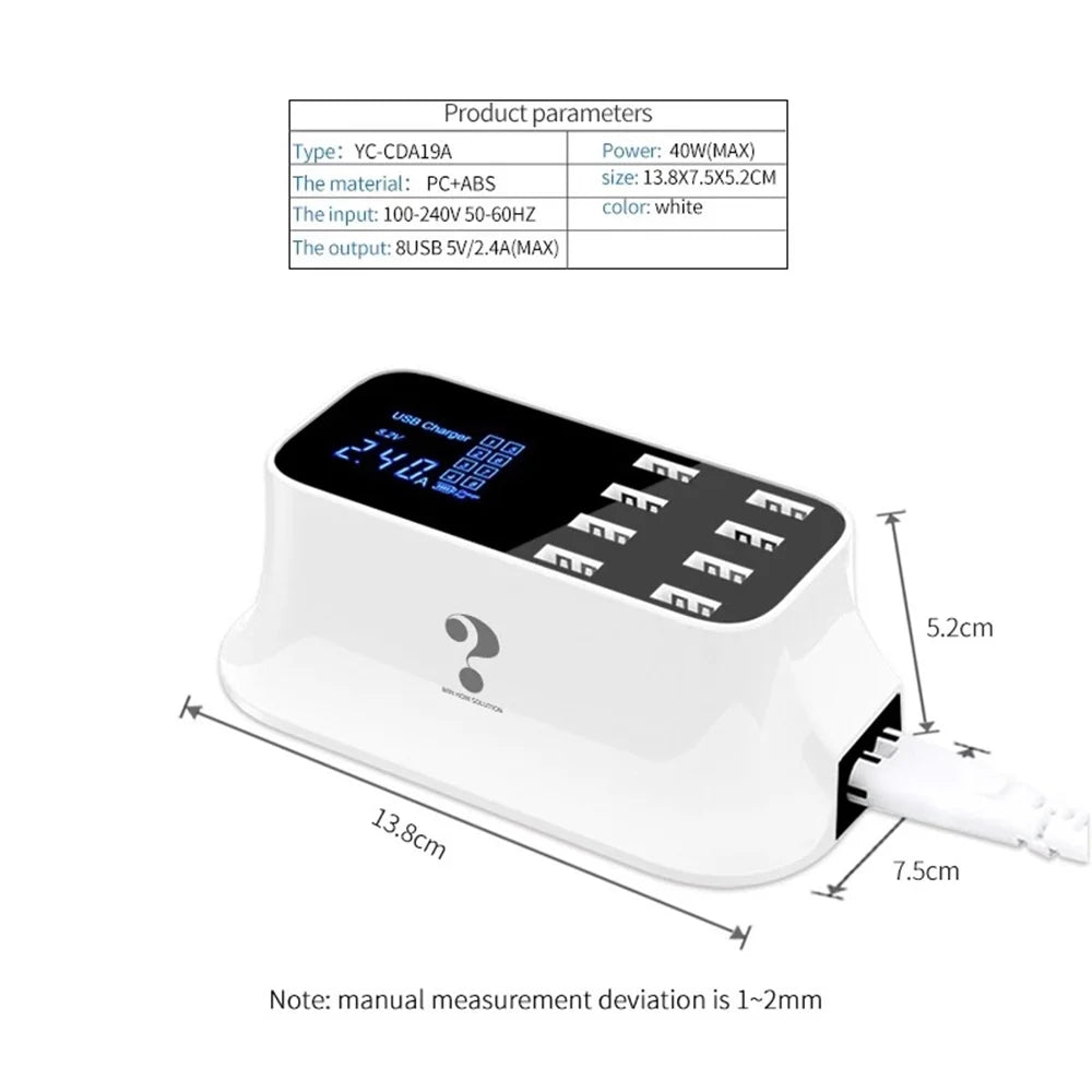 Mignova Multiple USB chargers, 8-port desktop charging station hub for LCD display, appropriate with iOS and Android devices (iPhone, iPad, Huawei,  Galaxy)