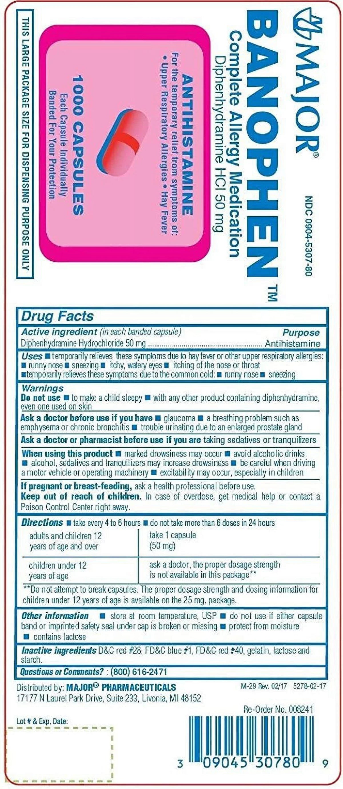 Major Banophen Diphenhydramine Capsules, 50 mg, 1000 Count