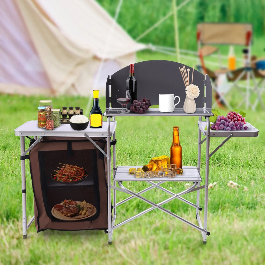 Folding Camping Station Portable Barbecue Table Rack+Brown Fabric protector