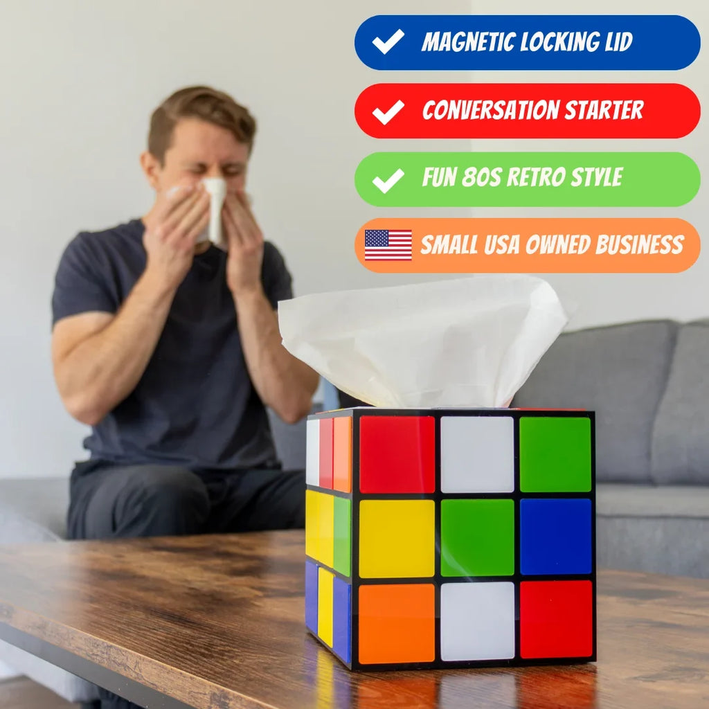 Magic Cube Tissue Box protector | Big Bang Theory Props & Decor | Easy Use with Magnetic Bottom Lid to Keep Tissues Secure