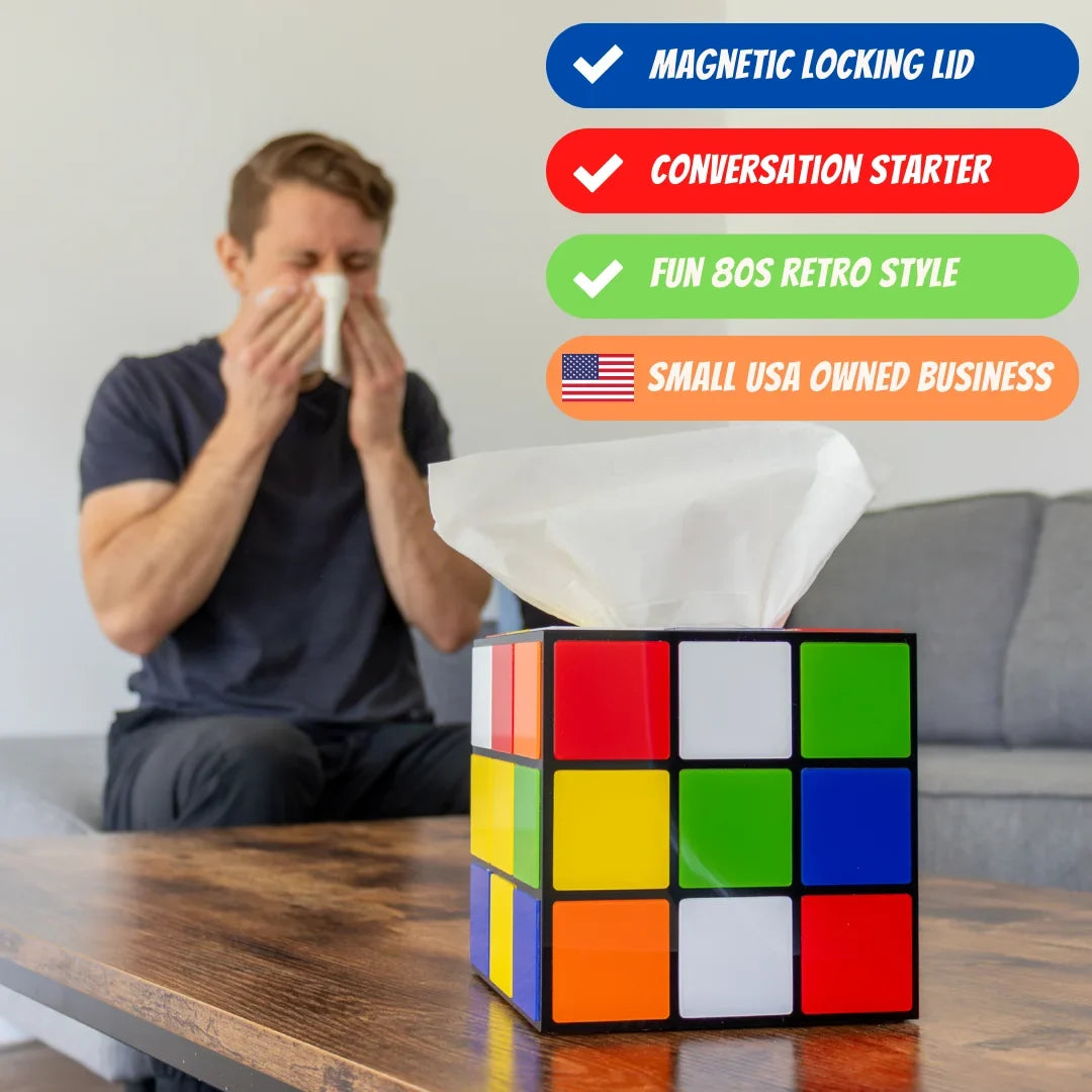 Magic Cube Tissue Box protector | Big Bang Theory Props & Decor | Easy Use with Magnetic Bottom Lid to Keep Tissues Secure