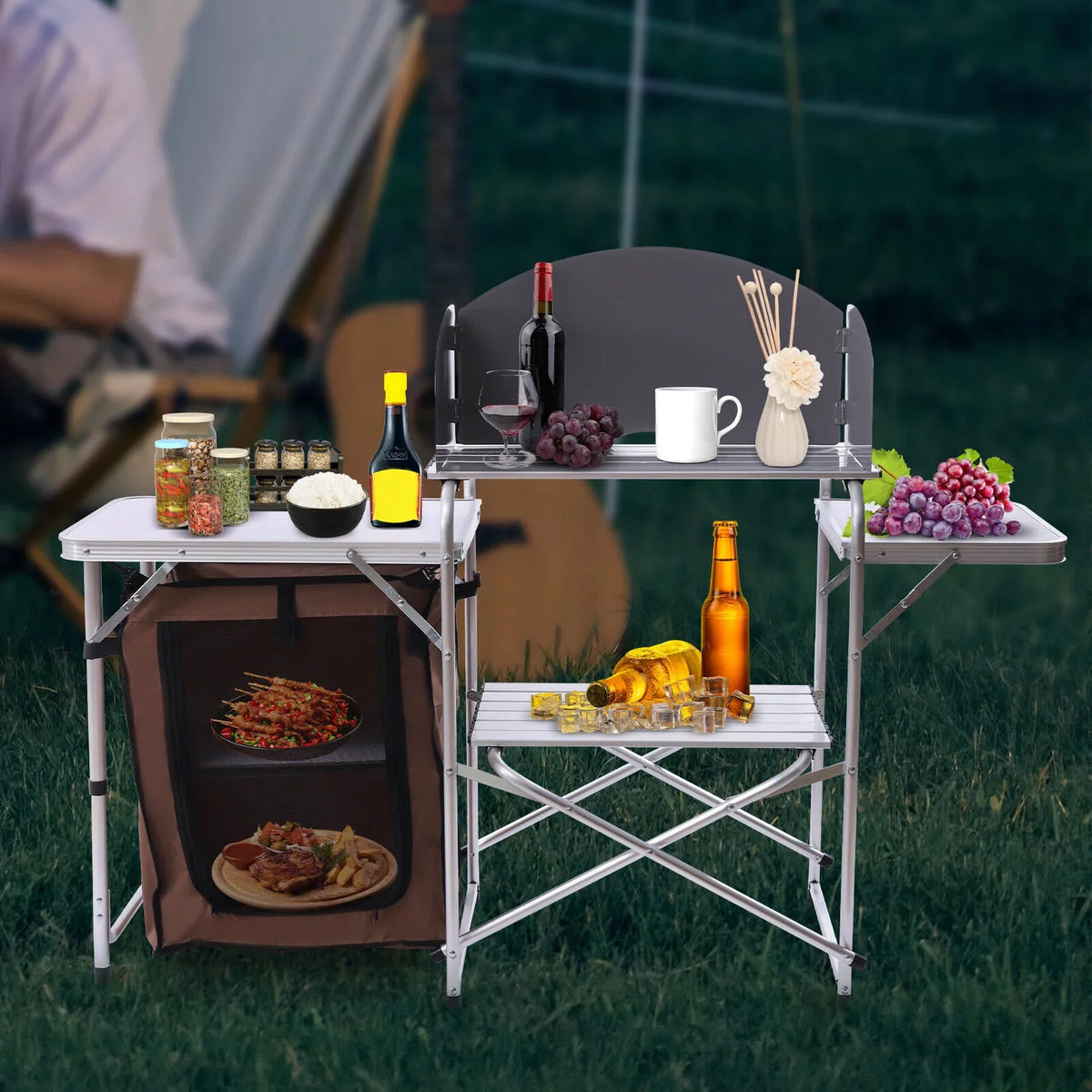 Folding Camping Station Portable Barbecue Table Rack+Brown Fabric protector