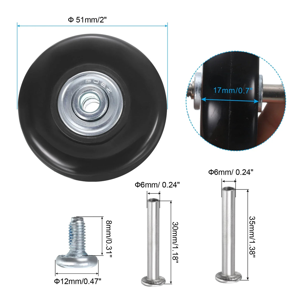 Uxcell Luggage Wheels Replacement 51 x 17 mm/2" x 0.7" for Suitcase, Black, 2 Set