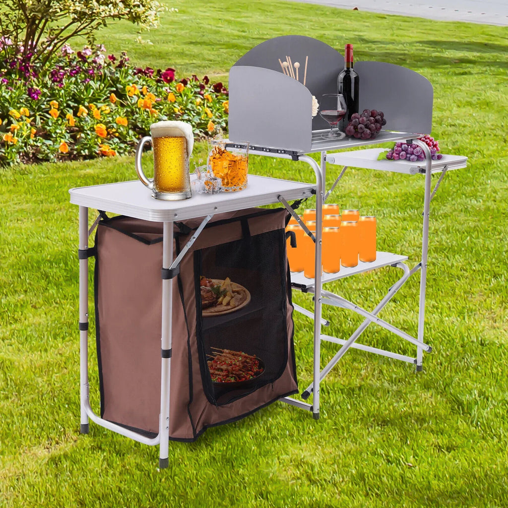 Folding Camping Station Portable Barbecue Table Rack+Brown Fabric protector