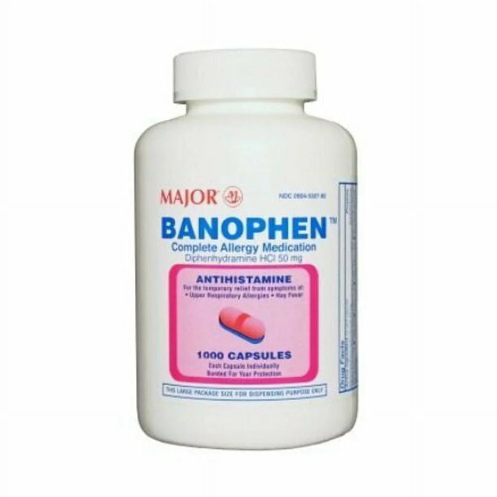Major Banophen Diphenhydramine Capsules, 50 mg, 1000 Count