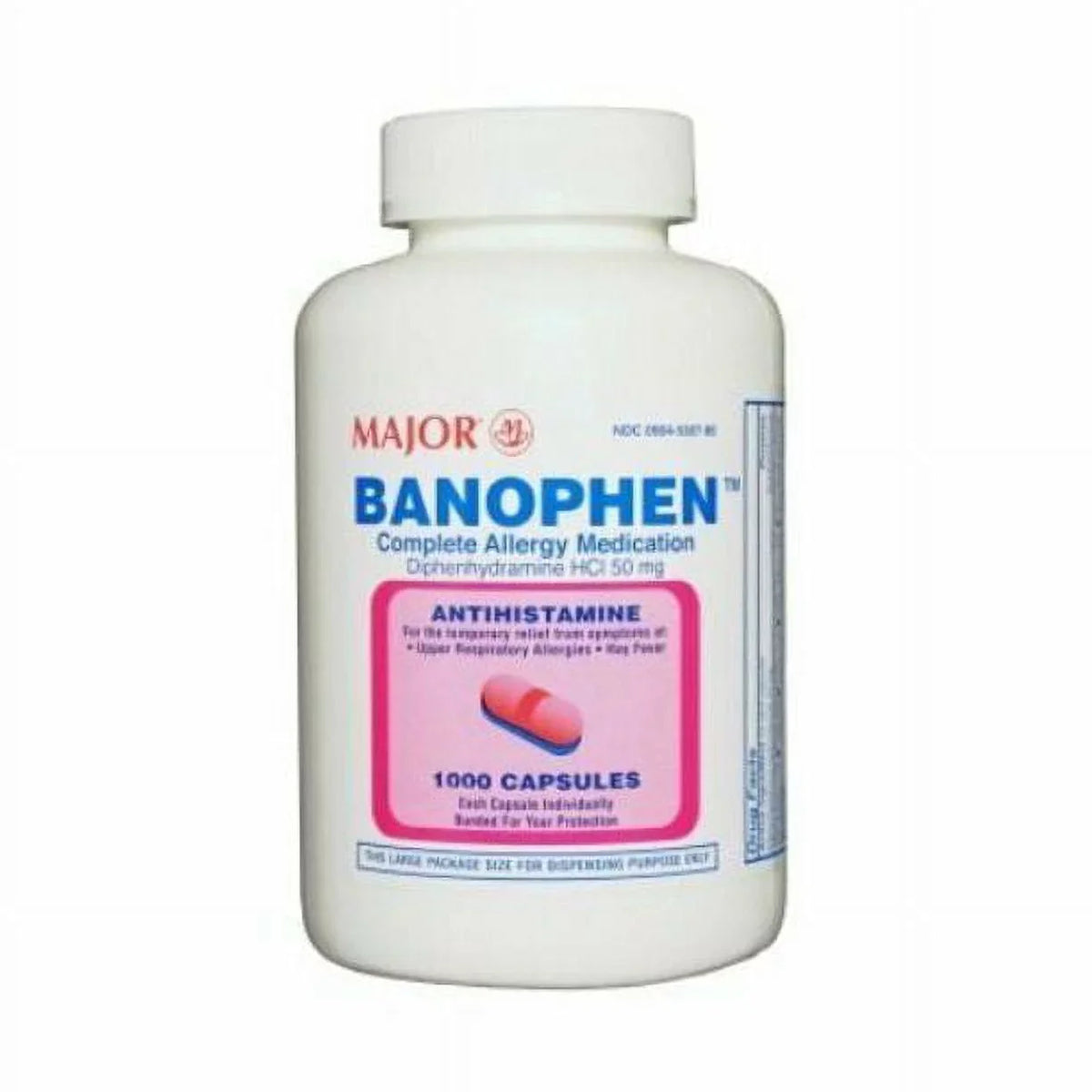 Major Banophen Diphenhydramine Capsules, 50 mg, 1000 Count