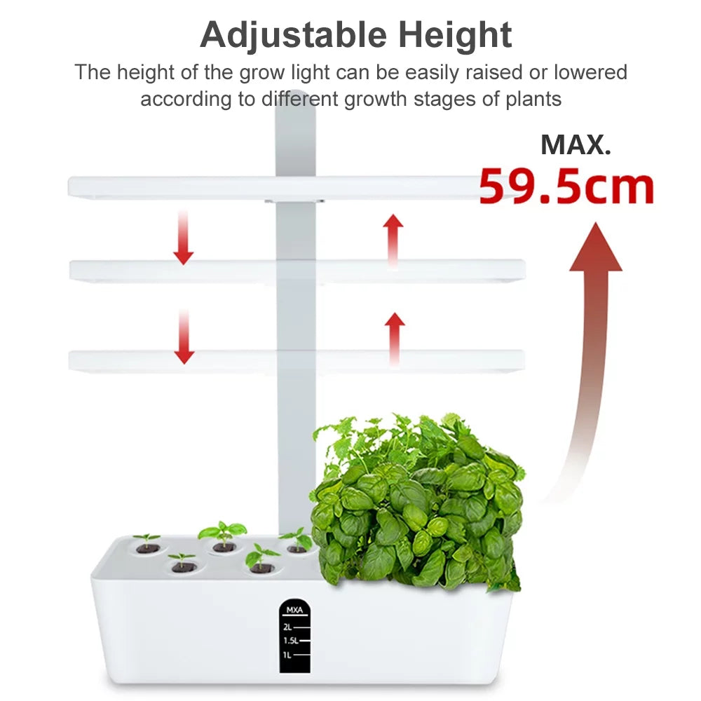 Smart Hydroponics Growing System Indoor Garden Kit 9 Pods Automatic Timing with Height Adjustable 15W LED Grow Lights 2L moisture Tank Smart moisture Pump for Home Office Kitchen
