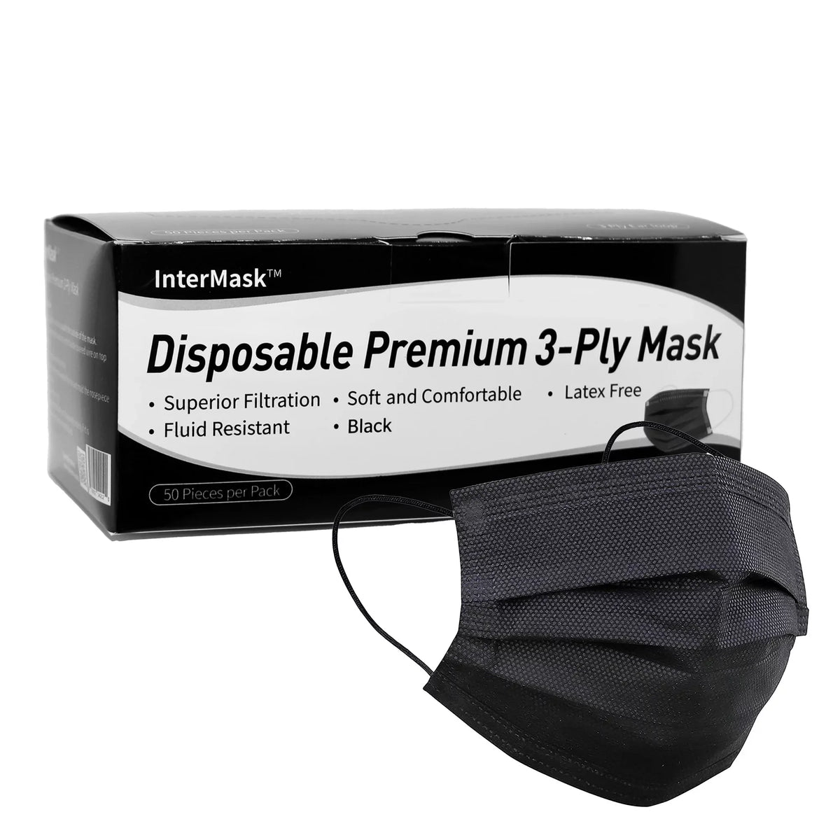 InterMask Disposable Premium 3-Ply ASTM Level 3 Mask, Black, Case of 2000