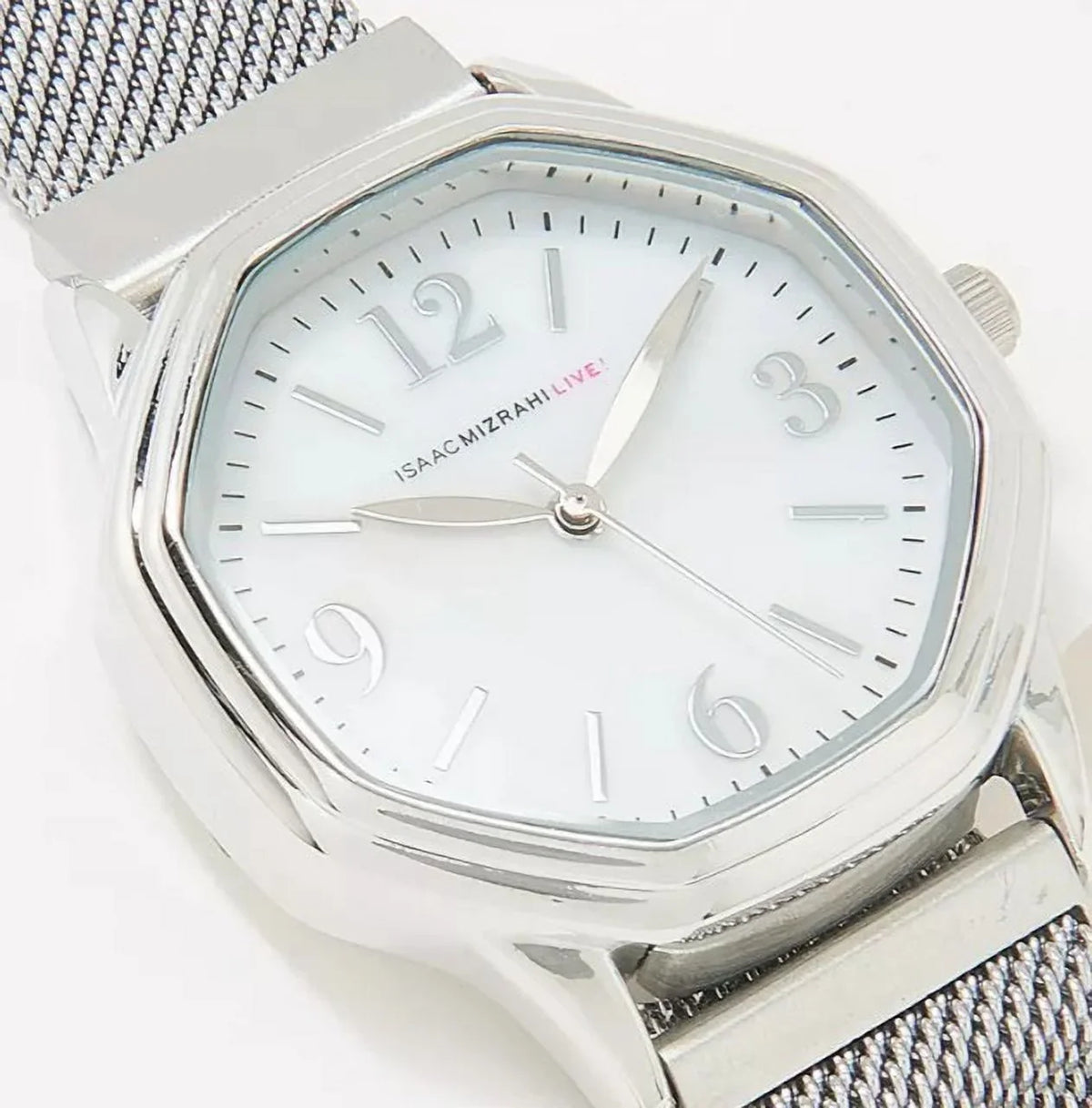 Isaac Mizrahi Live! Octagon Magnetic Mesh Silver Stainless Steel ADJ Strap Watch