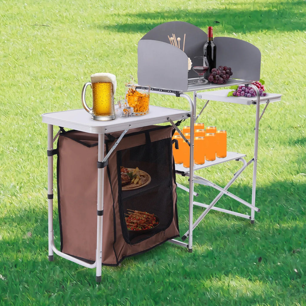 Folding Camping Station Portable Barbecue Table Rack+Brown Fabric protector