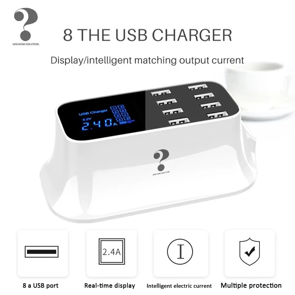 Mignova Multiple USB chargers, 8-port desktop charging station hub for LCD display, appropriate with iOS and Android devices (iPhone, iPad, Huawei,  Galaxy)