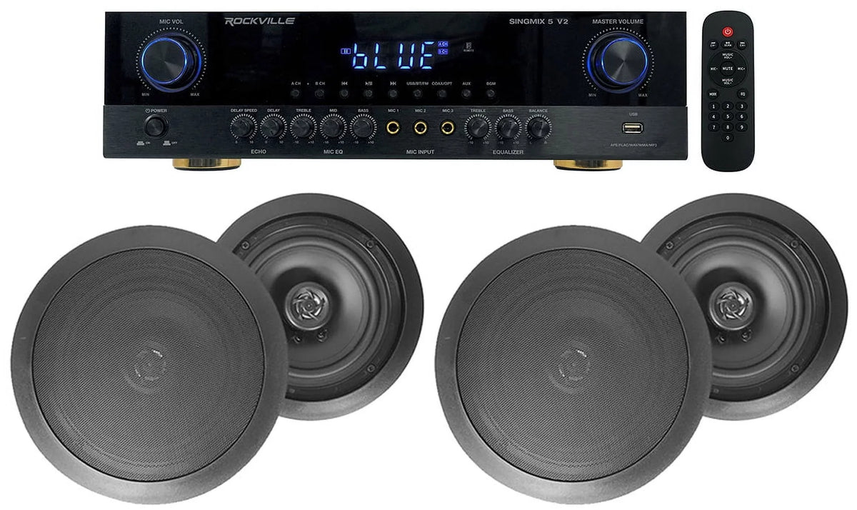 Rockville SINGMIX 5 Bluetooth Home Receiver Amp+(4) 8" Black Ceiling Speakers