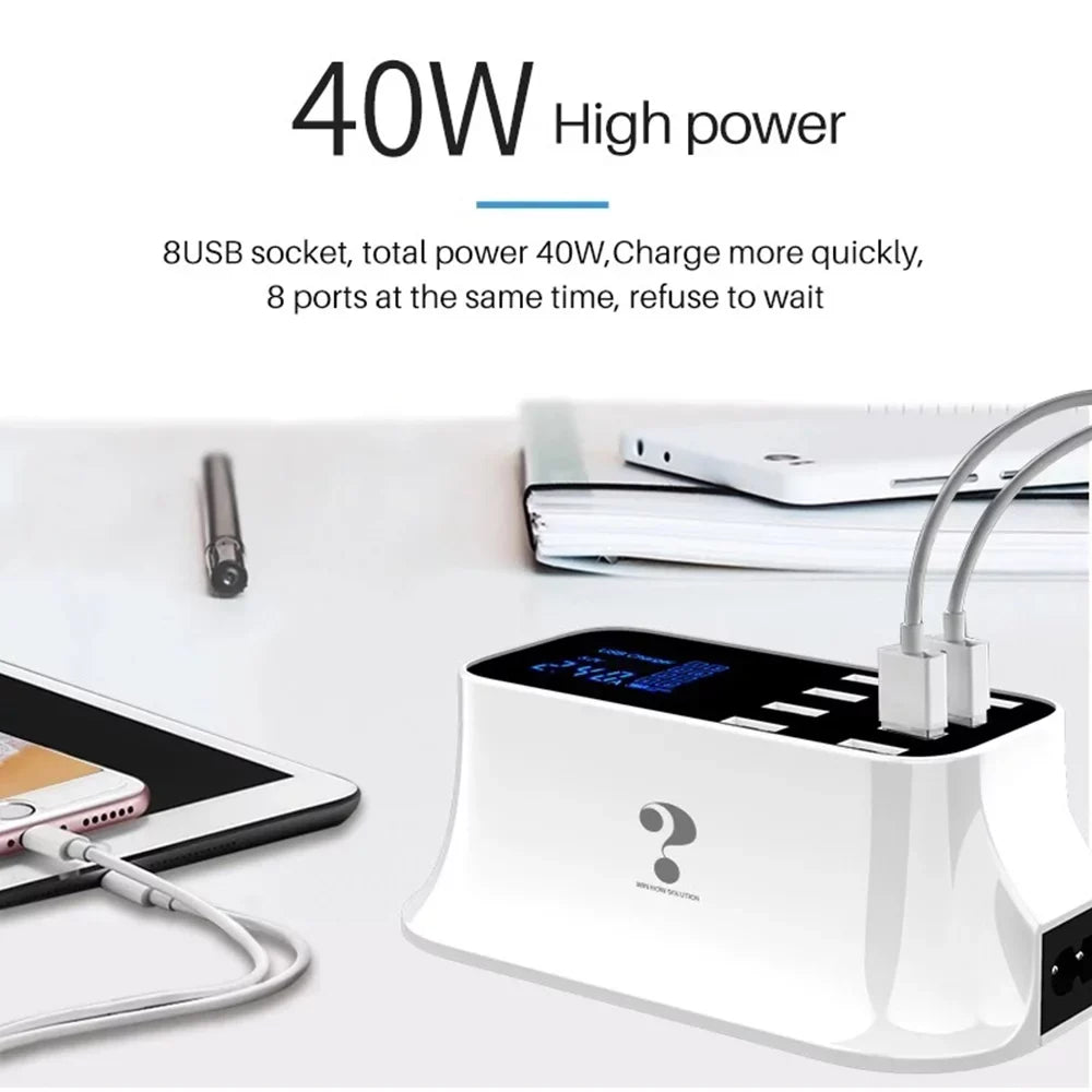 Mignova Multiple USB chargers, 8-port desktop charging station hub for LCD display, appropriate with iOS and Android devices (iPhone, iPad, Huawei,  Galaxy)