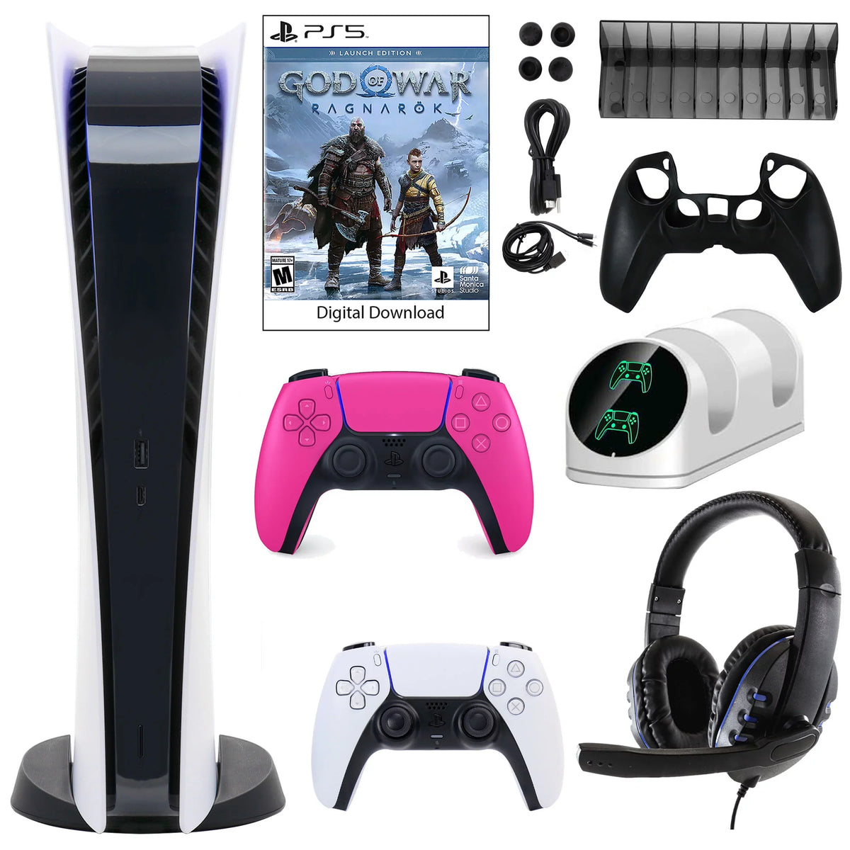 PlayStation 5 Digital GOW Console with Extra Pink Dualsense Controller and Accessories Kit